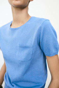 ZARA ОДНОТОННЫЙ ТОП С КОРОТКИМИ РУКАВАМИ, СИНИЙ