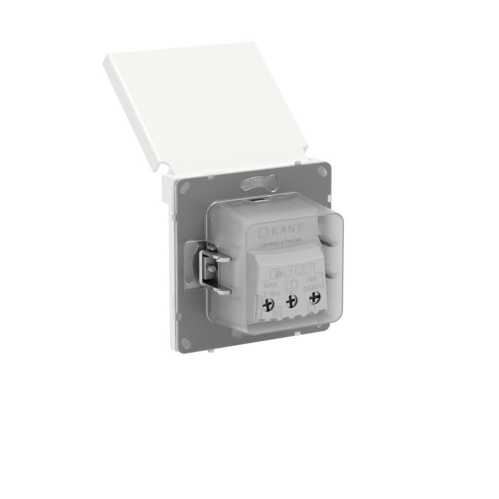 Розетка силовая, 2P+E, с з/ш, с крышкой, IP44, KANT, белая магнолия