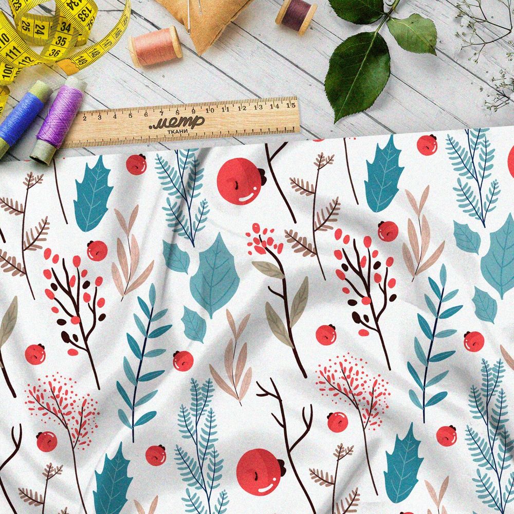 Ткань шифон лесная трава и рябина на белом фоне