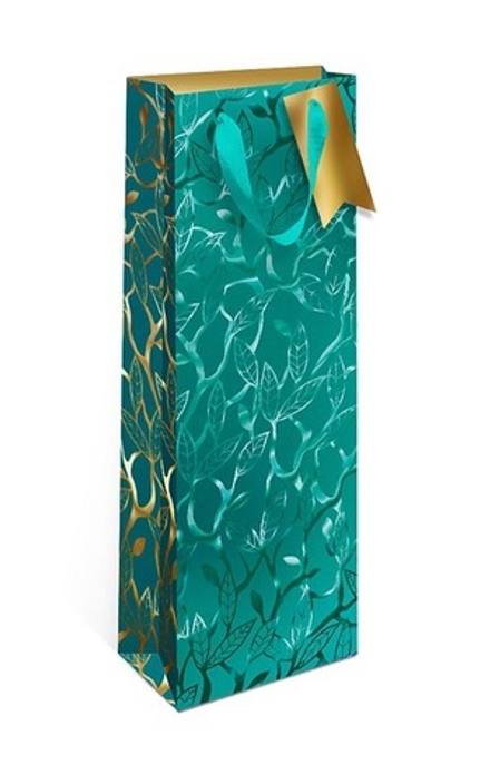 Пакет подарочный для вина, Листья, Тиффани, Металлик, 36*12*9 см, 1 шт.