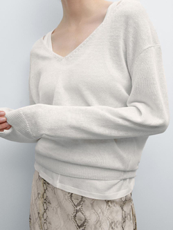 Massimo Dutti Свитер из 100% льна с V-образным вырезом, цвет слоновой кости