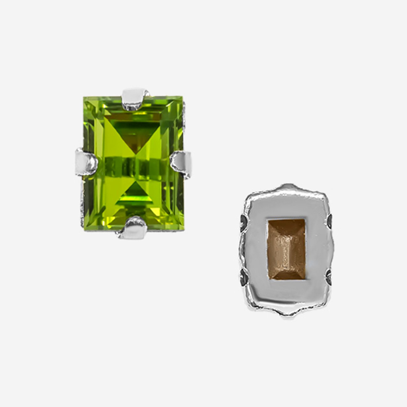 Кристалл Прямоугольник (Step Cut Fancy Stone) в цапах, оттенок "Оливин"/"Olivine", 9*7мм, родирование