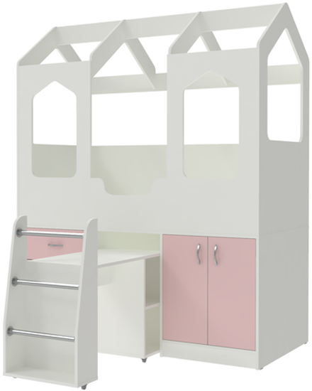 Кровать-чердак КарИВи Домик Сказка с выдвижным столом ДС-14 Белый  Розовый