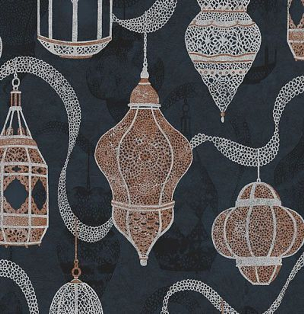 Крупнораппортный дизайн с восточными фонариками, выполненный с нансением чернил с блестками и металл