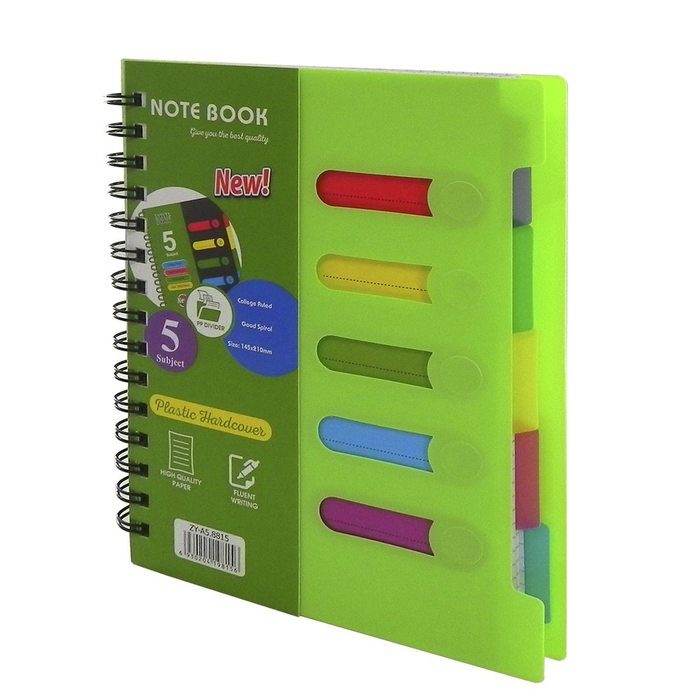 Тетрадь 120л., А5, клетка, Alingar "Colledge ruled", гребень, пластиковая обложка с информ окнами, цветные пластиковые разделители, ассорти 4 цвета