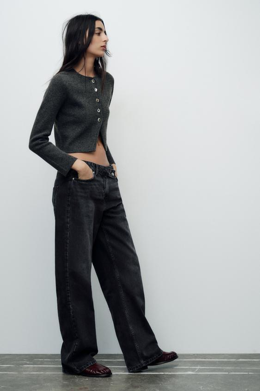 ZARA ОДНОТОННЫЙ УКОРОЧЕННЫЙ КАРДИГАН ИЗ ТРИКОТАЖА, СЕРЫЙ С МЕЛАНЖЕВЫМ ЭФФЕКТОМ