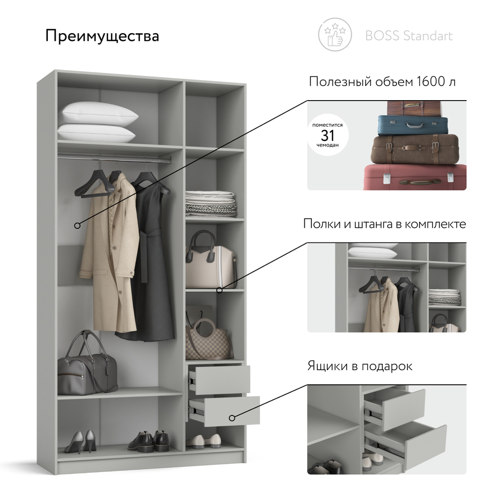 Шкаф BOSS STANDART 120 - 3Д Шиншилла серая