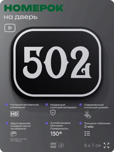 Номерок на дверь квартиры 502, для кабинета, офиса, шильдик 9 х 7 см, черный, Айдентика Технолоджи