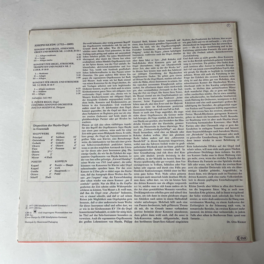 Винтажная виниловая пластинка LP J. Haydn Йозеф Гайдн, E. Power Biggs, Columbia Sinfonie Orchester, Zoltan Rozsnyai, Konzerte fur Orgel und Orchester Nr. 1 3 (Германия 1977)