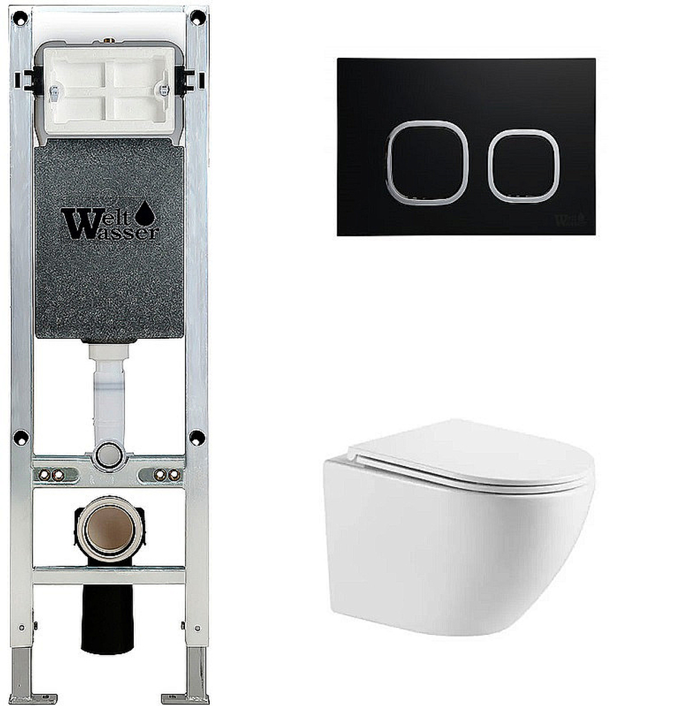 Унитаз подвесной WeltWasser AMBERG 350 ST+MERZBACH 043 XL GL-WT+AMBERG RD-BL белый/кнопка черная матовая, безободковый, с крышкой микролифт, с инсталляцией, слив торнадо