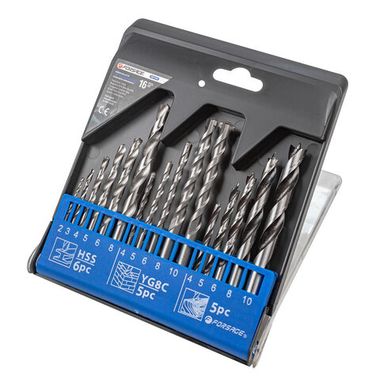 Набор сверл комбинированный, 16пр.(по металлу:2,3,4,5,6,8мм, по бетону:4,5,6,8,10мм, по дереву:4,5,6,8,10мм), в пластиковом футляре Forsage F-DBS16M