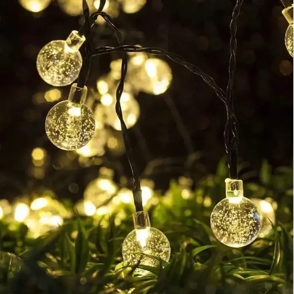 Гирлянда для улицы «Роса» 3м, 20 ламп LED чёрный провод, 2 реж, IP-55, Теплый белый (солнечная батарея).