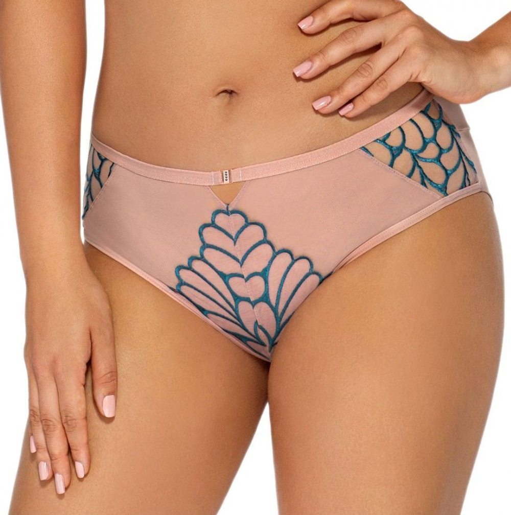 Трусики-бразилиана с контрастной бирюзовой вышивкой (Размер: S) (Цвет: телесный)