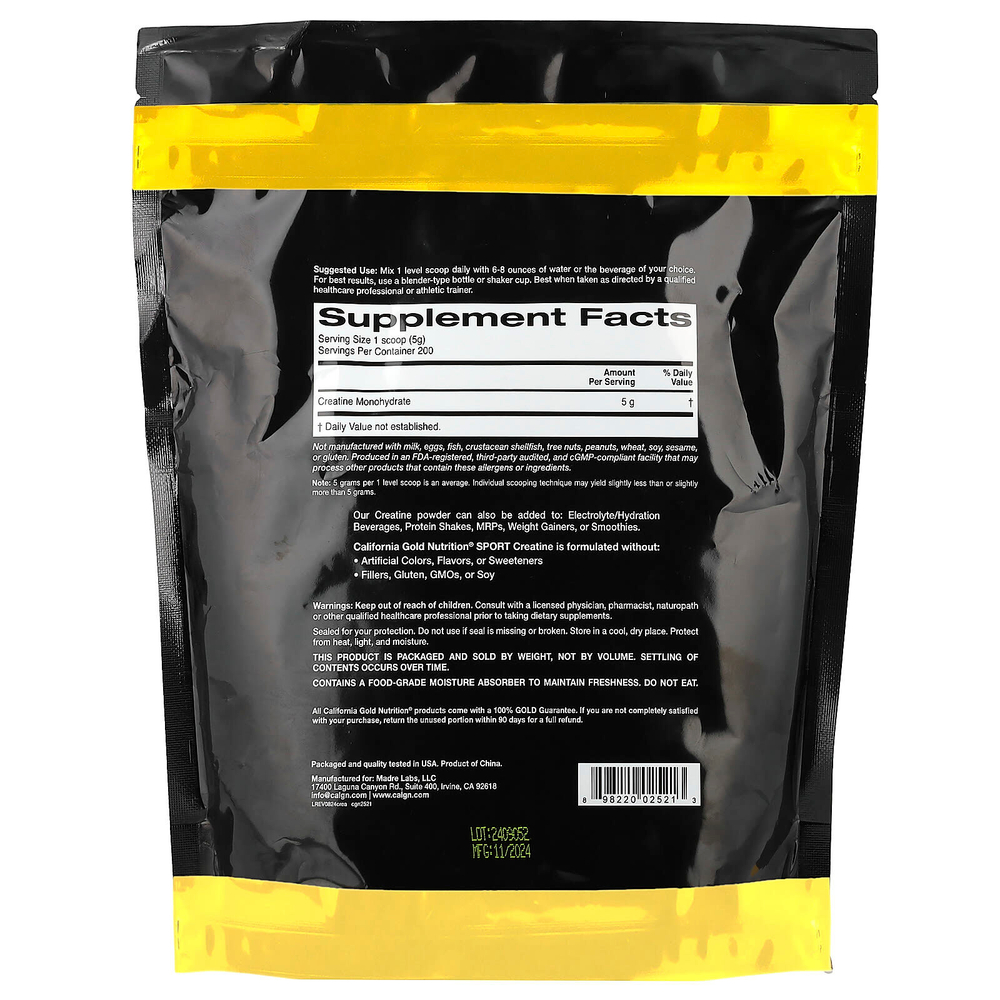 California Gold Nutrition, Sport, моногидрат креатина, с нейтральным вкусом, 1 кг (2,2 фунта)