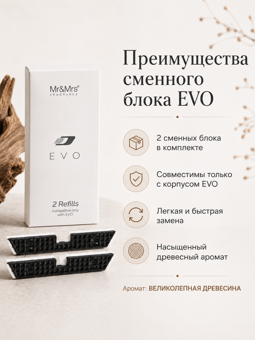 Mr&Mrs Fragrance Сменный блок для автоароматизатора EVO | аромат ВЕЛИКОЛЕПНАЯ ДРЕВЕСИНА комплект 2шт