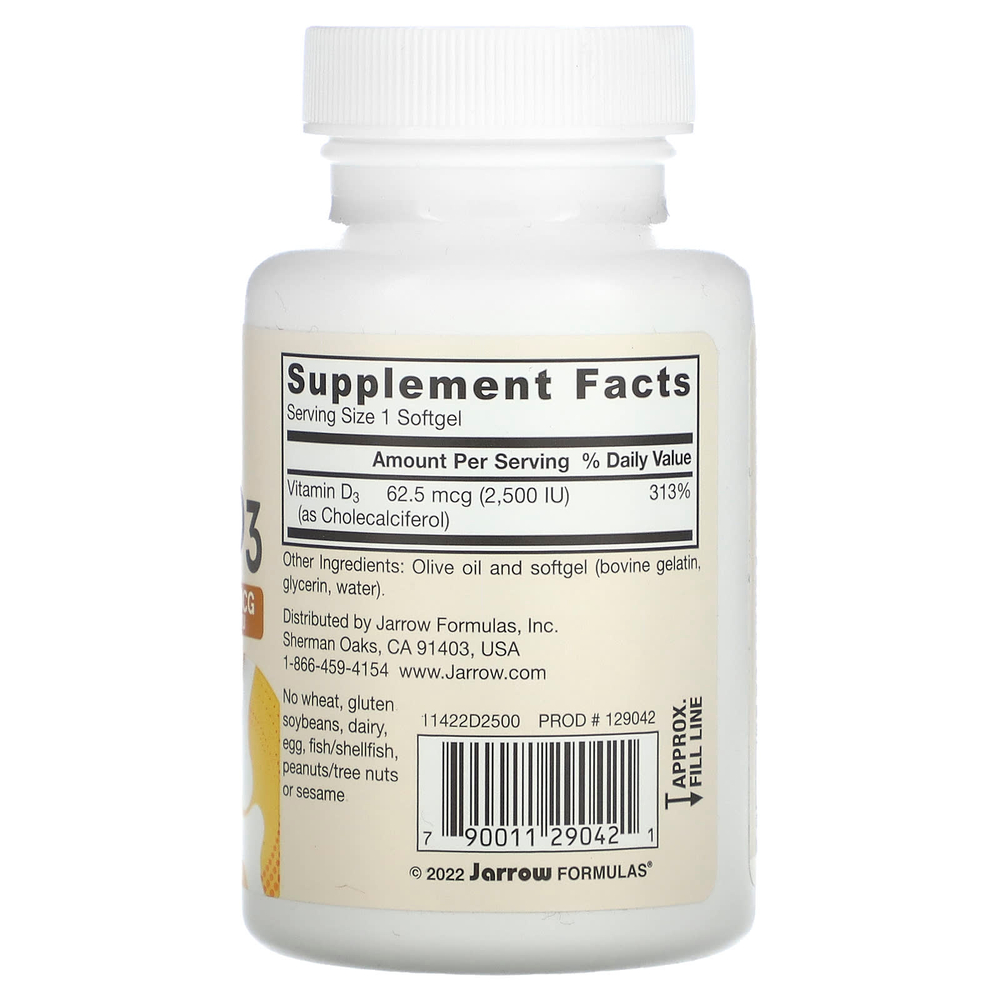 Jarrow Formulas, Витамин D3, сверхсила, 62,5 мкг (2500 МЕ), 100 мягких таблеток