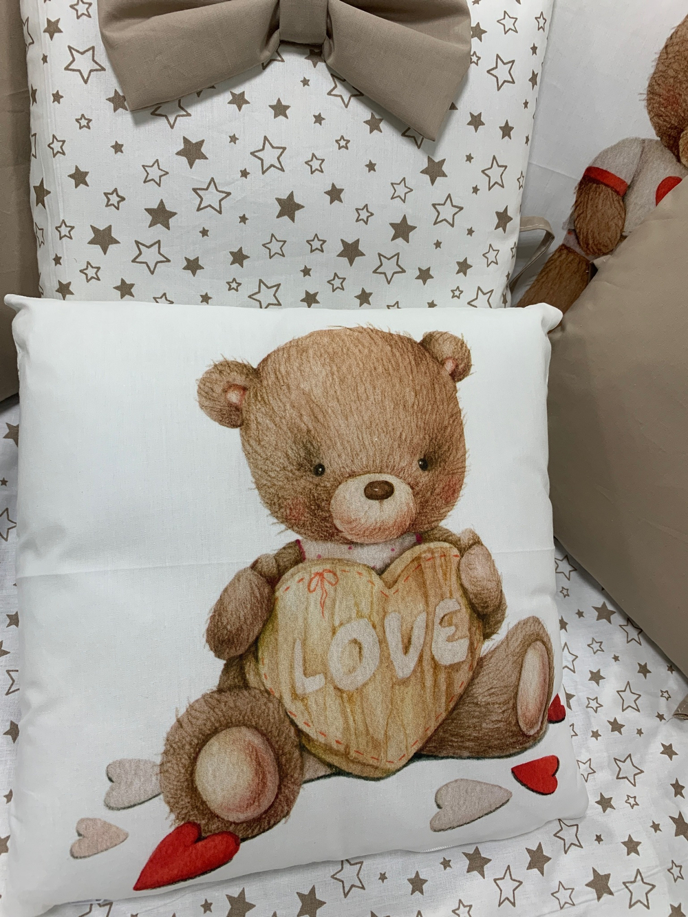 Комплект в кроватку 18 предметов "Мишка "Love you" коричневый", сатин