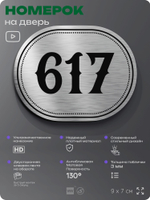 Номерок на дверь квартиры 617, для кабинета, офиса, шильдик 9 х 7 см, серебристый, Айдентика Технолоджи