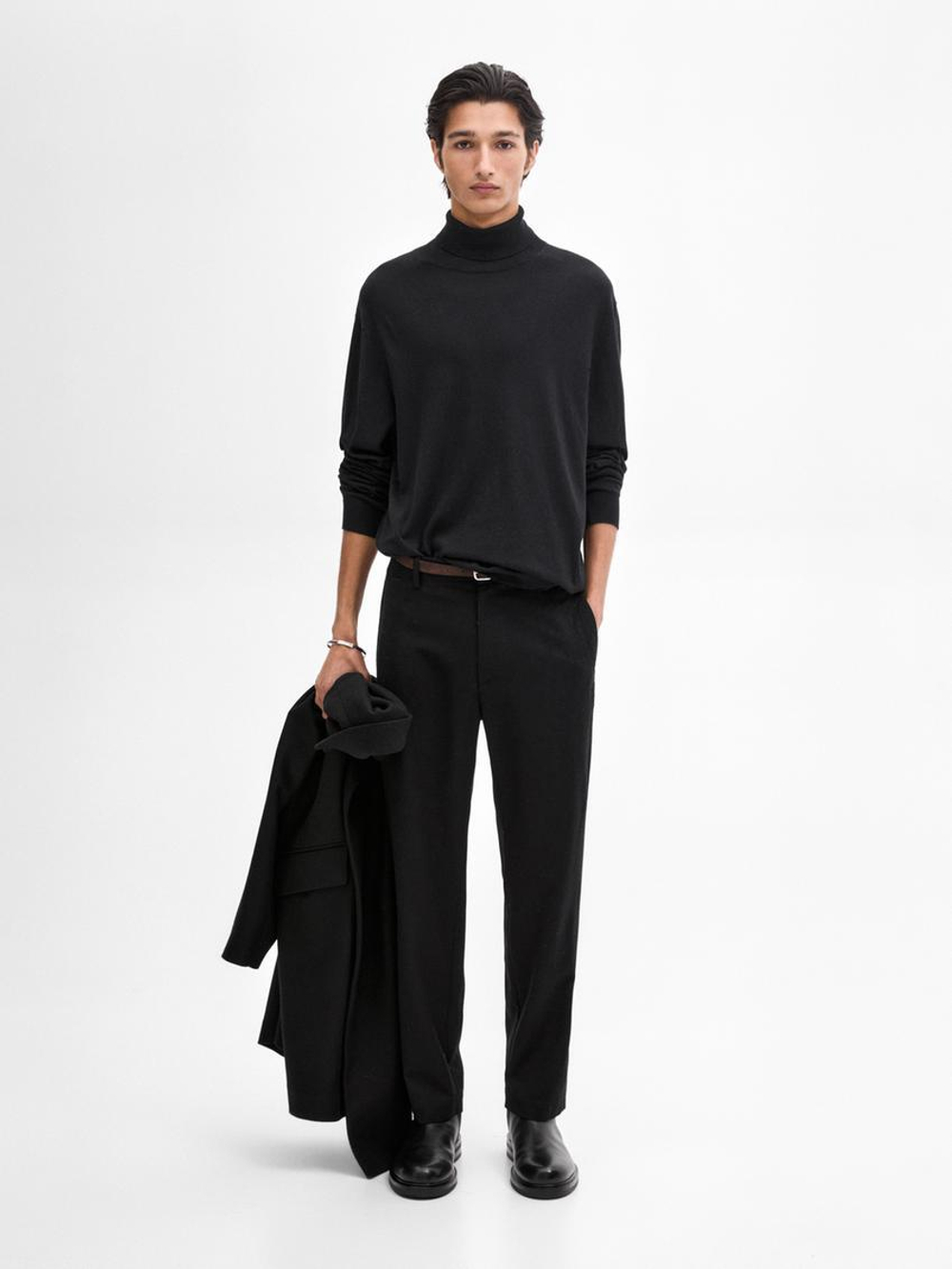 Massimo Dutti Свитер из смесового хлопка с высоким воротником, черный