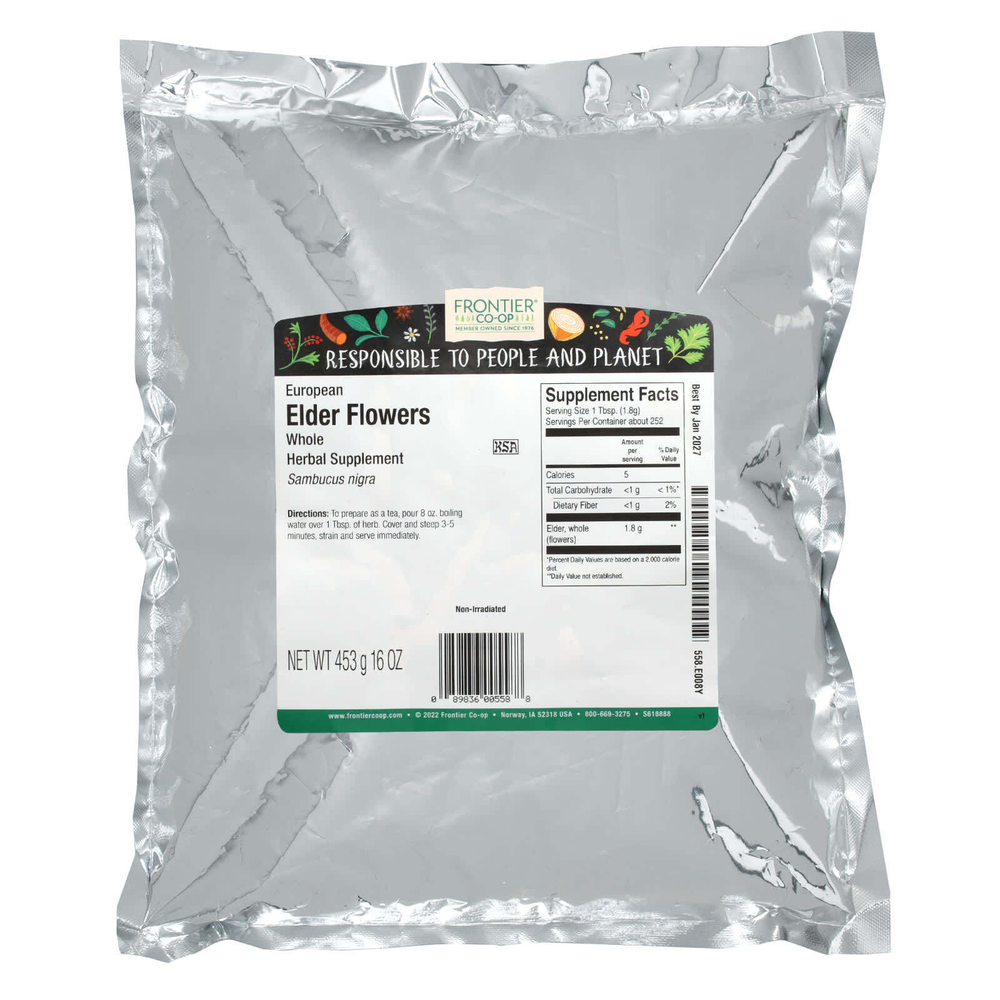 Frontier Co-op, Цельные цветки европейской бузины, 453 г (16 унций)