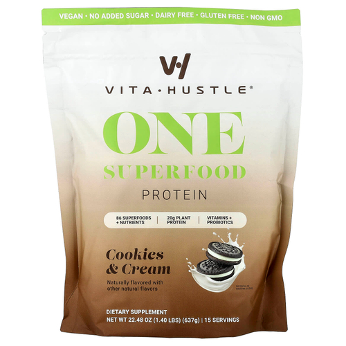 VitaHustle, One Superfood Protein, протеин из суперфудов, печенье и сливки, 637 г (1,40 фунта)