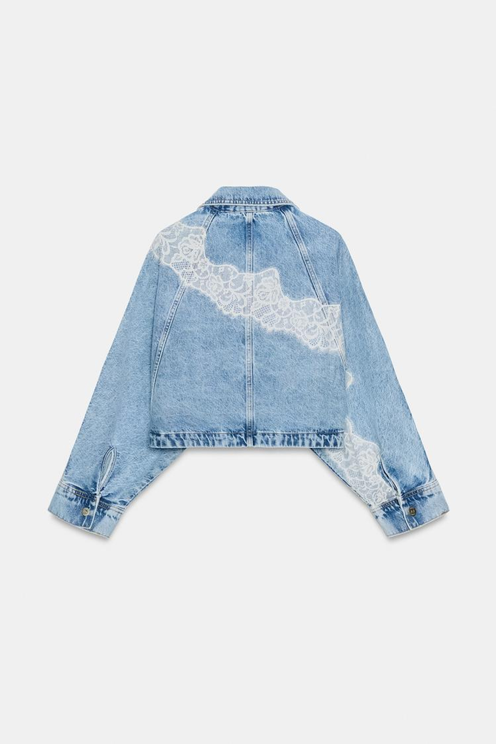 ZARA УКОРОЧЕННАЯ ДЖИНСОВАЯ КУРТКА Z1975 С КРУЖЕВОМ, ВЫЦВЕТШИЙ СИНИЙ