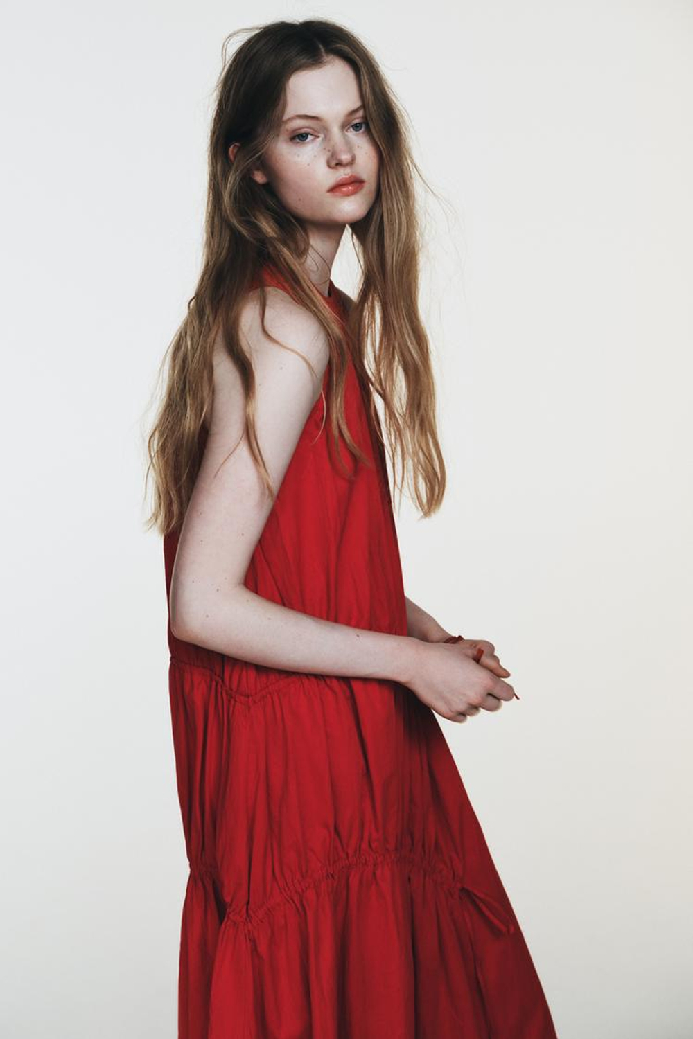 ZARA ПЛАТЬЕ МИДИ ИЗ НЕЙЛОНА С ЗАВЯЗКАМИ, КРАСНЫЙ