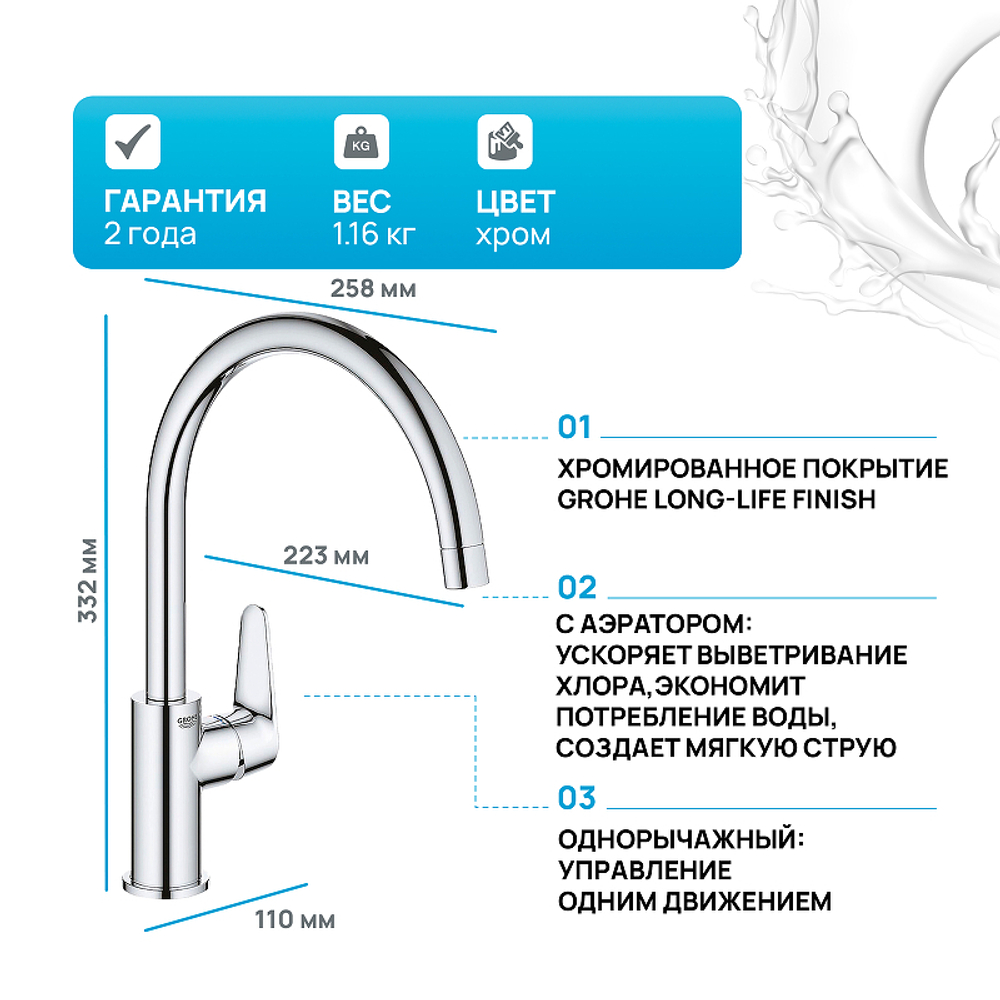 Смеситель для кухни Grohe Baucurve 31536001 Хром