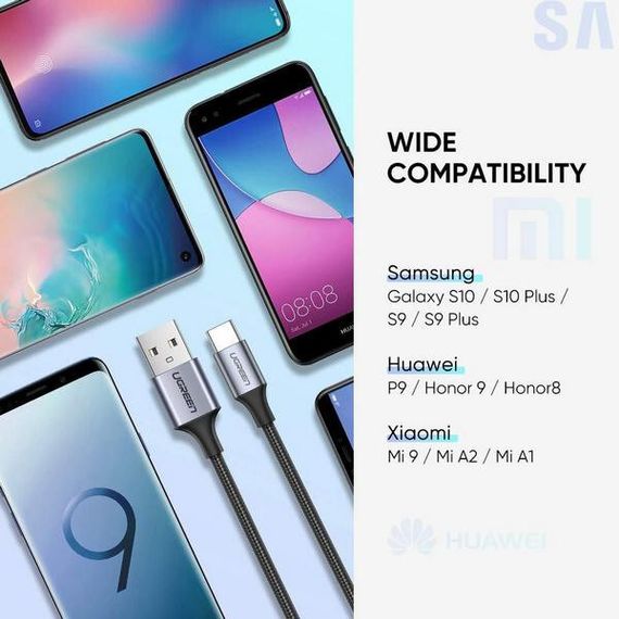 Кабель Ugreen US288 USB-A 2.0 - USB-C Cable Nickel Plating Aluminum Braid 1 м (60131) White