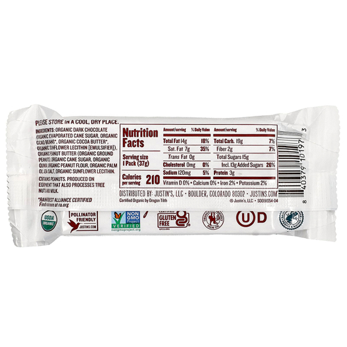 Justin's Nut Butter, органические темные шоколадные конфеты с хрустящей арахисовой пастой, 2 шт., 37 г (1,32 унции)