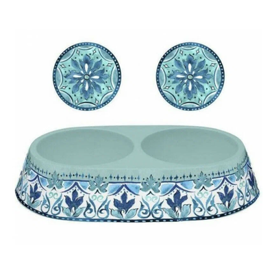 Tarhong миска для собак и кошек двойная "gibraltar", бирюзовая с рисунком, 38.4х23.1х7.7см/ 2x950мл