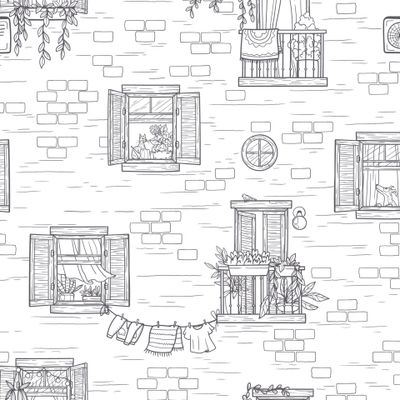 Чёрно-белые окна и кирпичная стена