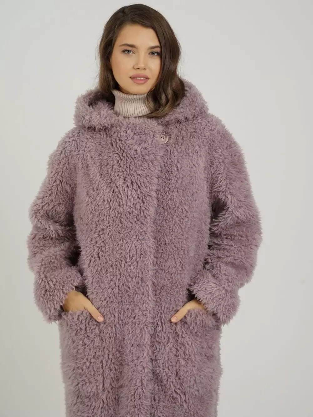 Шуба из овечьей шерсти чебурашка тедди, сиреневый, SilverFox