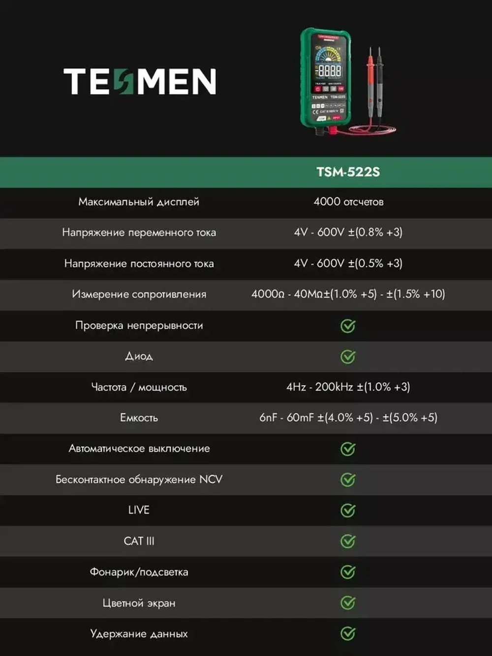 Мультиметр Цифровой автоматический с прозвонкой TESMEN TSM-522S 4000 отсчетов с функцией измерения емкости, диода и частоты