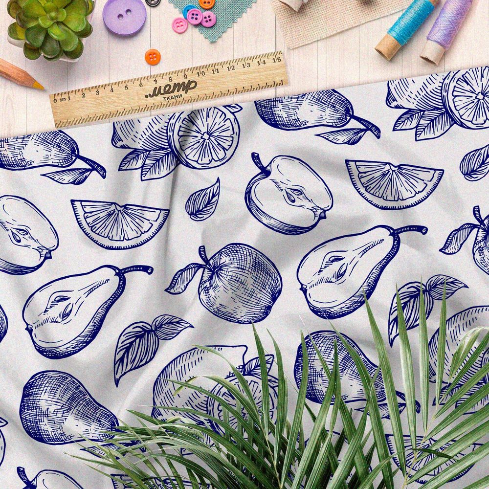 Ткань блэкаут нарисованные синей пастой фрукты