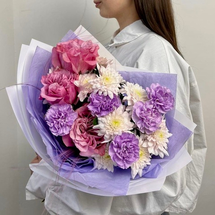 Акварельный стойкий букет с розами и диантусами 2607202534