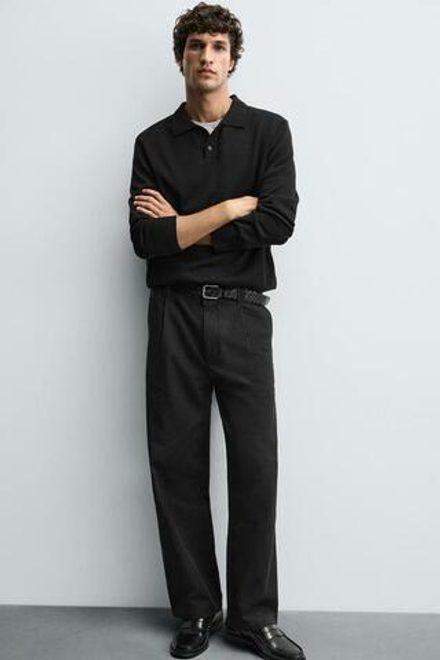 ZARA БРЮКИ СО СКЛАДКАМИ ИЗ ХЛОПКА И ЛИОЦЕЛЛА, УГОЛЬНЫЙ