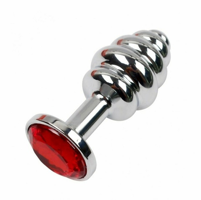 Анальная пробка Butt Plug Silver ребристая рубин 8 см