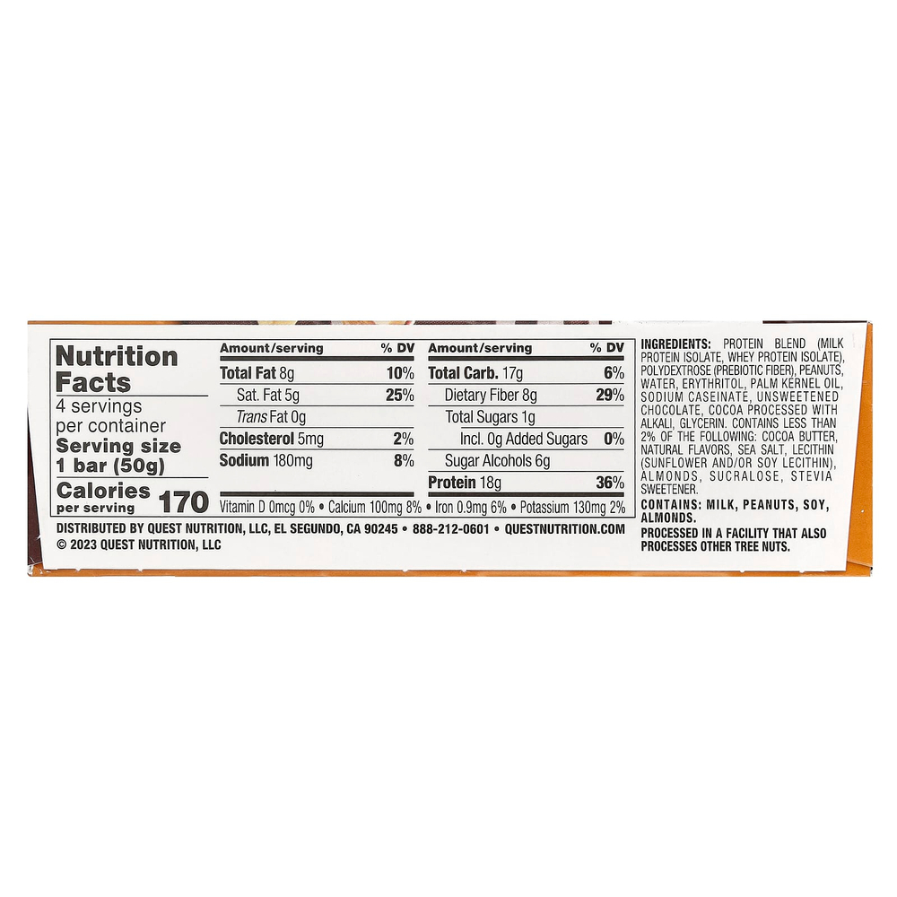 Quest Nutrition, Протеиновый батончик, шоколадный батончик с арахисовой пастой, 4 батончика, 50 г (1,76 унции)