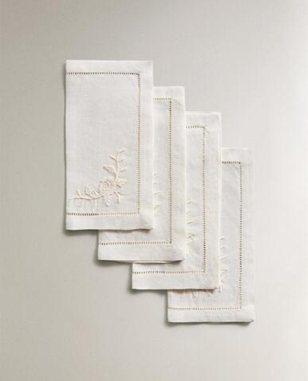 ZARA HOME НАБОР КОКТЕЙЛЬНЫХ САЛФЕТОК ИЗО ЛЬНА С ВЫШИВКОЙ (4 ШТ.),, ЭКРЮ