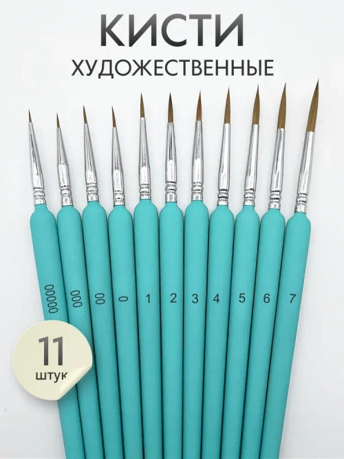 Набор кистей для рисования синтетика (кисточки: круглые тонкие, лайнер) 11 шт., бирюзовые