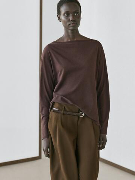 Massimo Dutti Футболка из 100% хлопка с вырезом лодочкой, коричневый