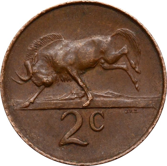 2 цента 1965 ЮАР (Надпись на языке африкаанс - "SUID-AFRIKA")