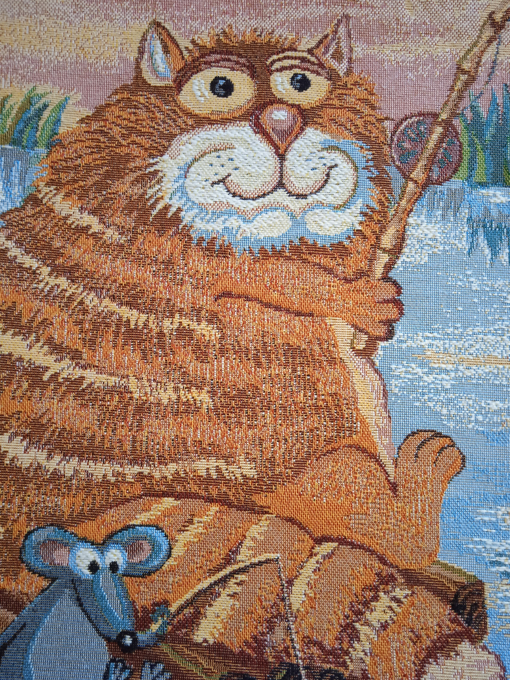 Декоративный гобеленовый чехол для интерьерной подушки Кот на рыбалке 47х47