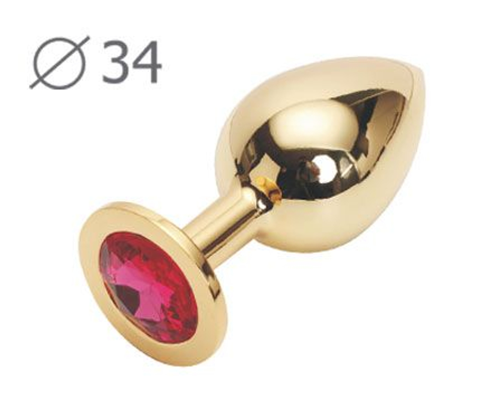 Коническая золотистая анальная втулка с малиновым кристаллом - 8,2 см. (Цвет: малиновый)
