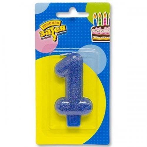 Свеча -цифра "1" Блестящая синяя