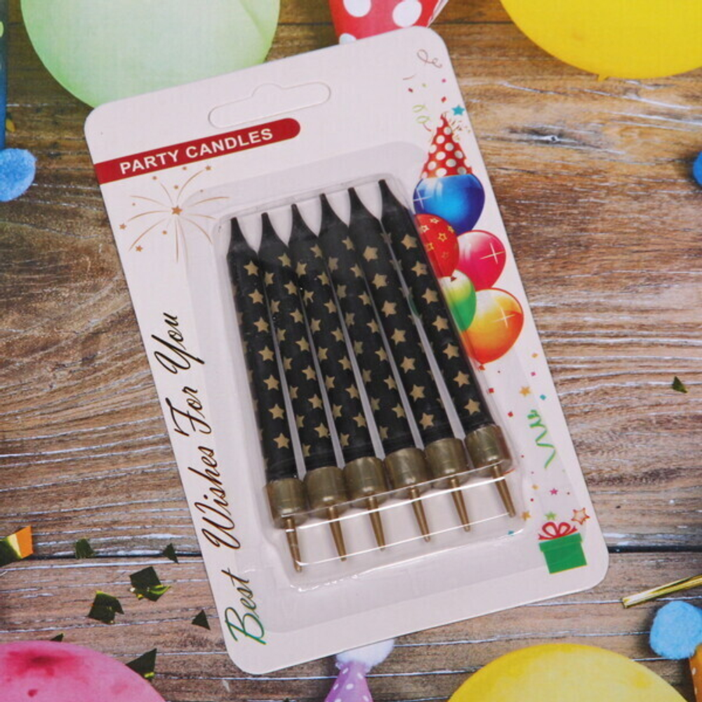 Свечи для торта «Золотая звезда» 8 см (набор 6 шт), черый/золото