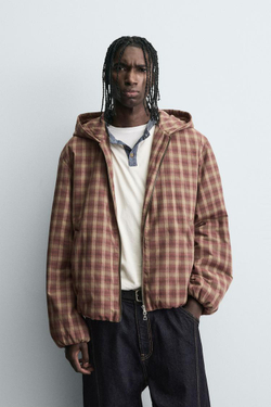 ZARA КУРТКА В КЛЕТКУ С КАПЮШОНОМ, КРАСНОВАТЫЙ