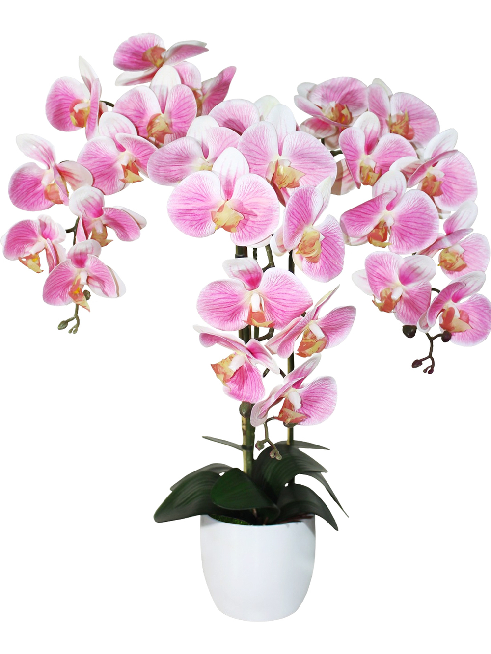 Искусственные орхидеи Фаленопсис 3 ветки бело-розовые латекс 65см в кашпо