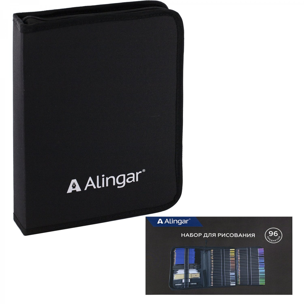 Набор художественный Alingar, 96 предм в пенале(цвет,ч/г,уголь.карандаши,ластик,наждач.блок,точилка, растирка,кисть,удлин для каран,скетчбук)